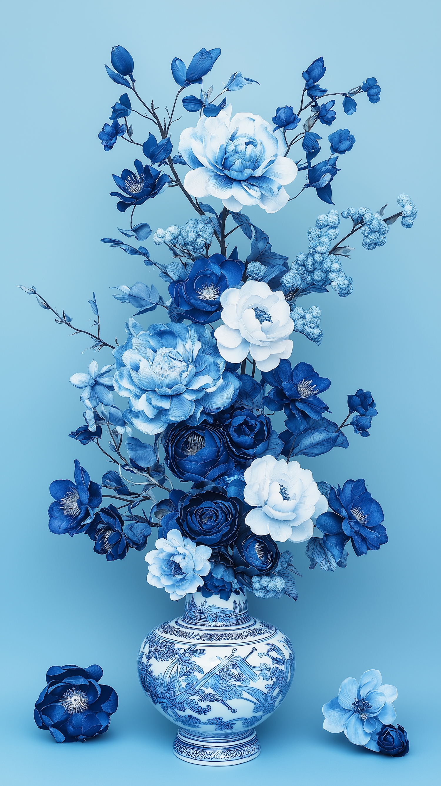 Blue Monochrome Floral Arrangement in Porcelain Vase