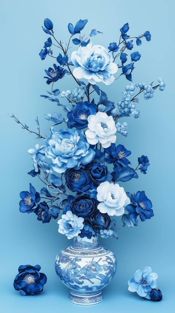 Blue Monochrome Floral Arrangement in Porcelain Vase