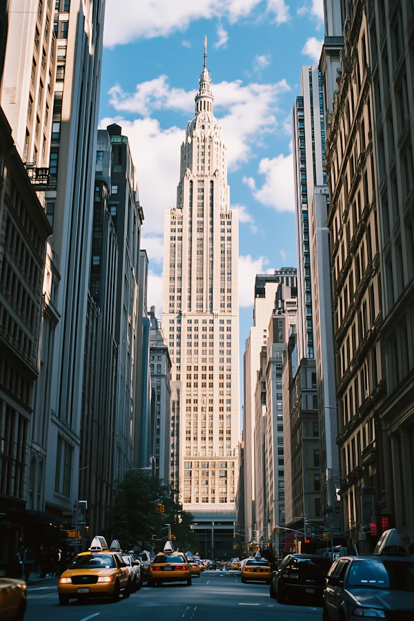 Bustling City Street with Skyscrapers