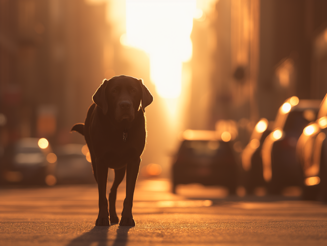 Solitary Labrador in Urban Sunrise