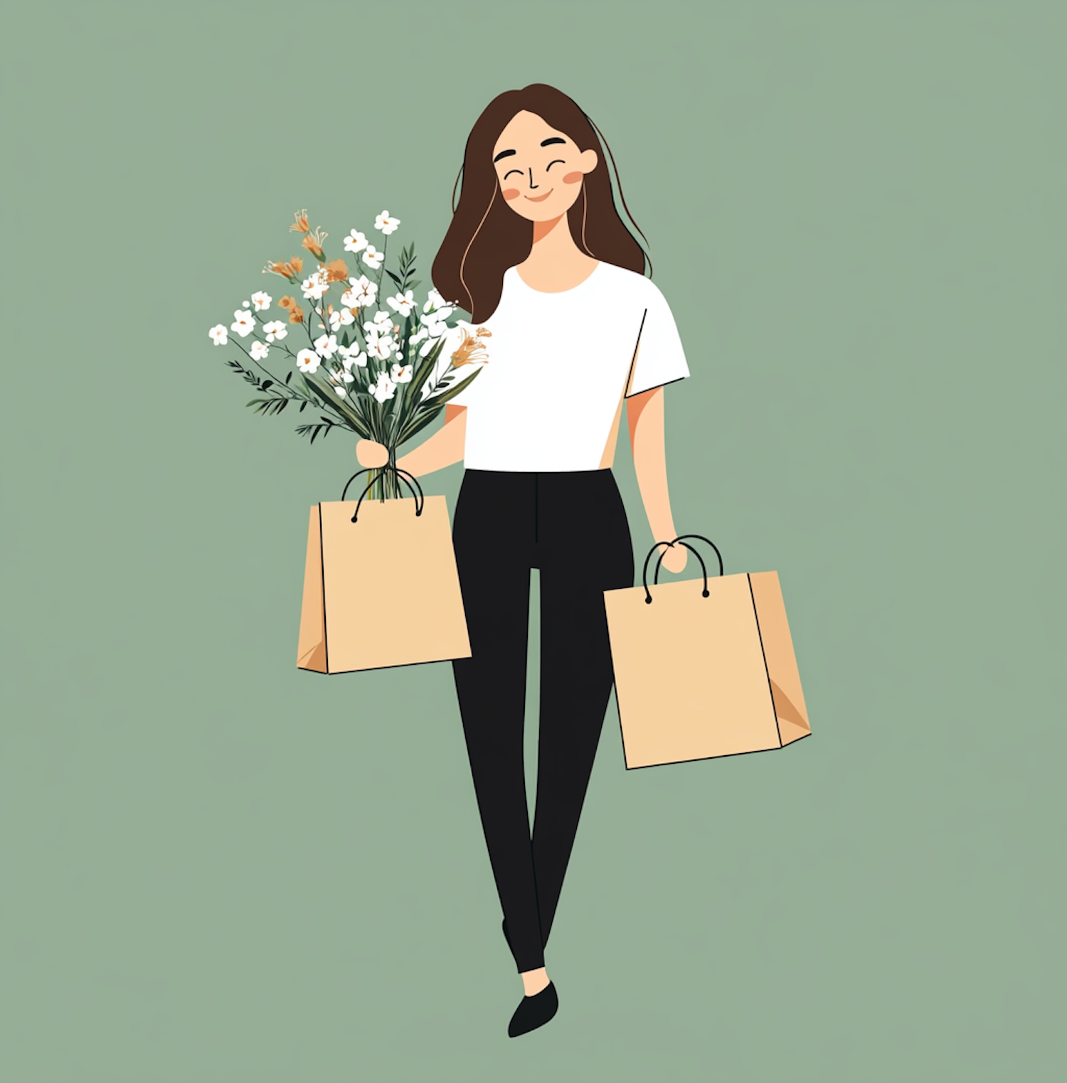 Relaxed Young Woman with Shopping Bags and Flowers