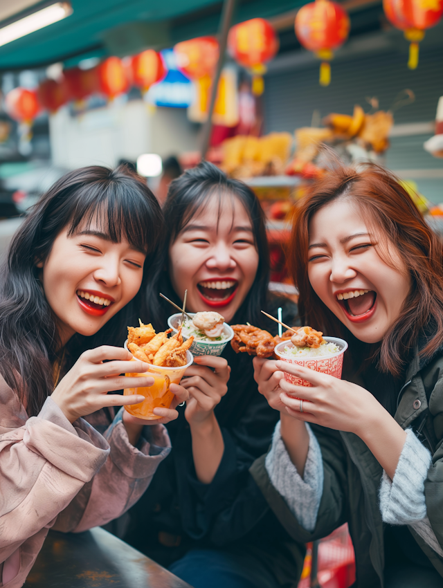 Joyful Women at Street Food Market