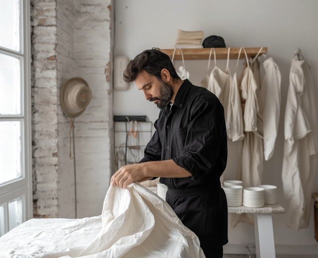 Man Folding White Cloth