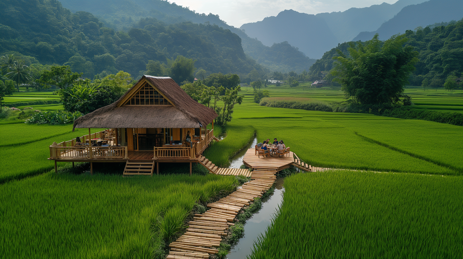 Serene Landscape with Traditional House and Social Gathering