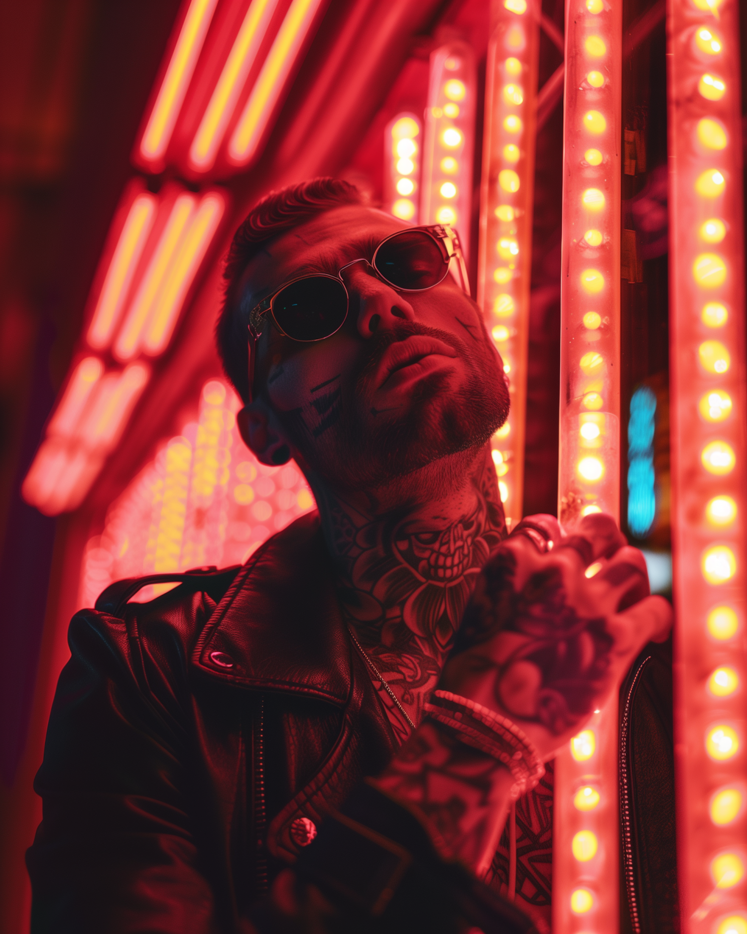 Man with Tattoos under Neon Lights