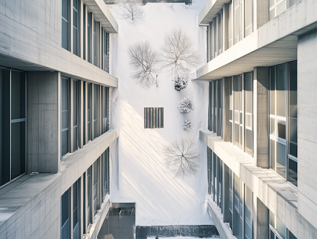 Aerial View of Snow-Covered Courtyard