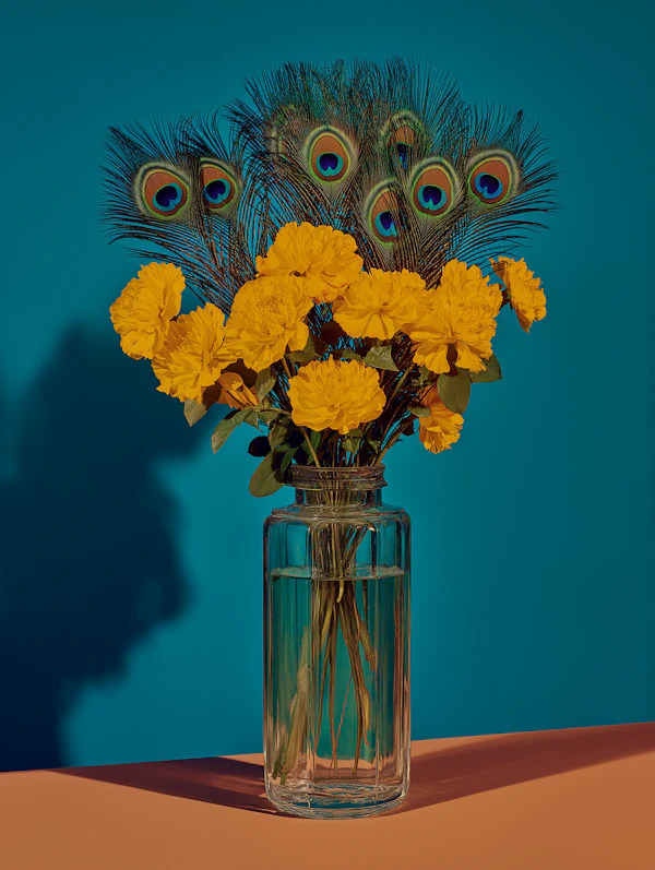 Marigold and Peacock Feather Display