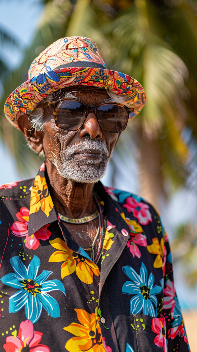 Elderly Man in Vibrant Tropical Attire