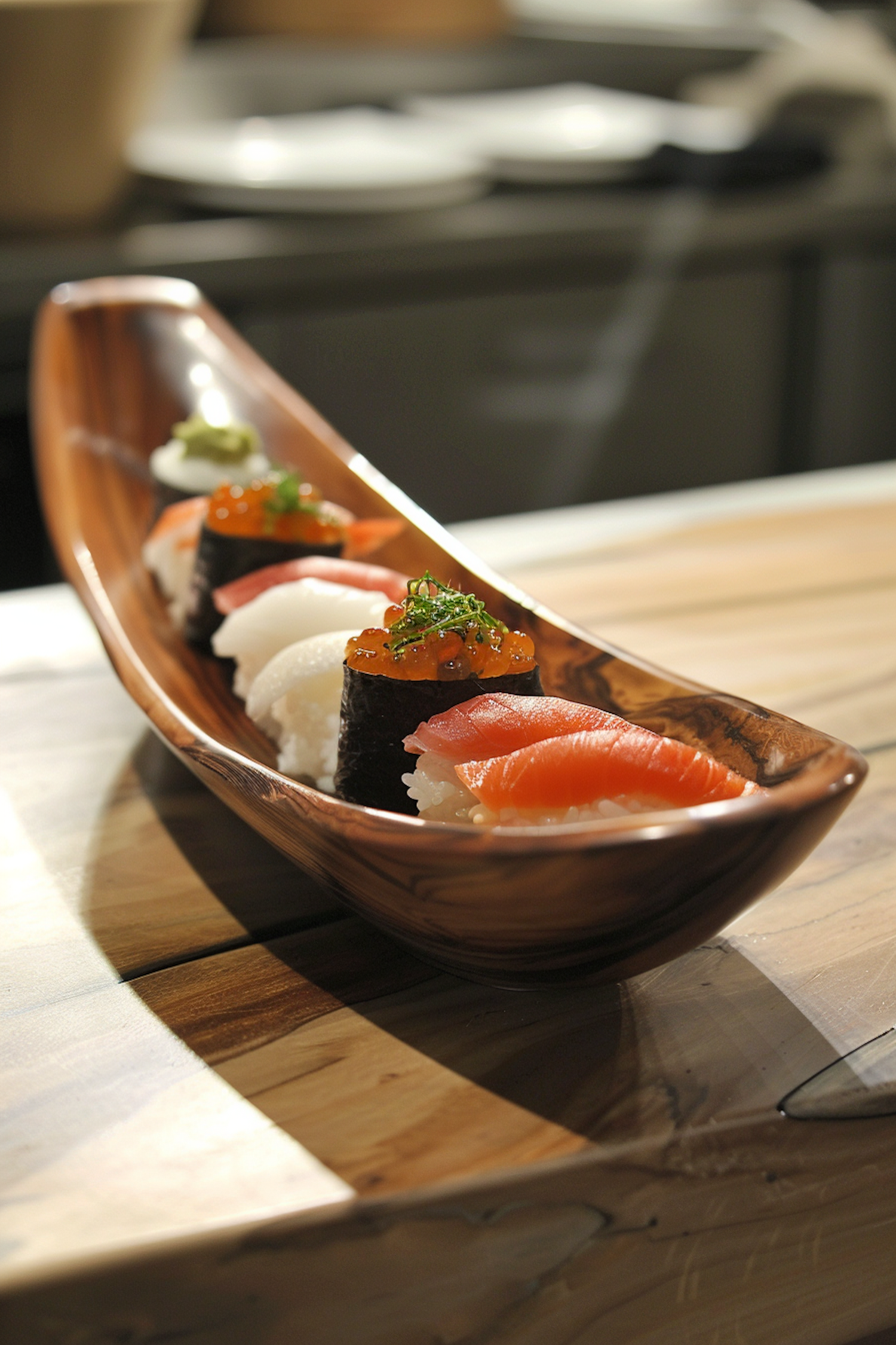 Elegant Sushi Arrangement on Serving Boat