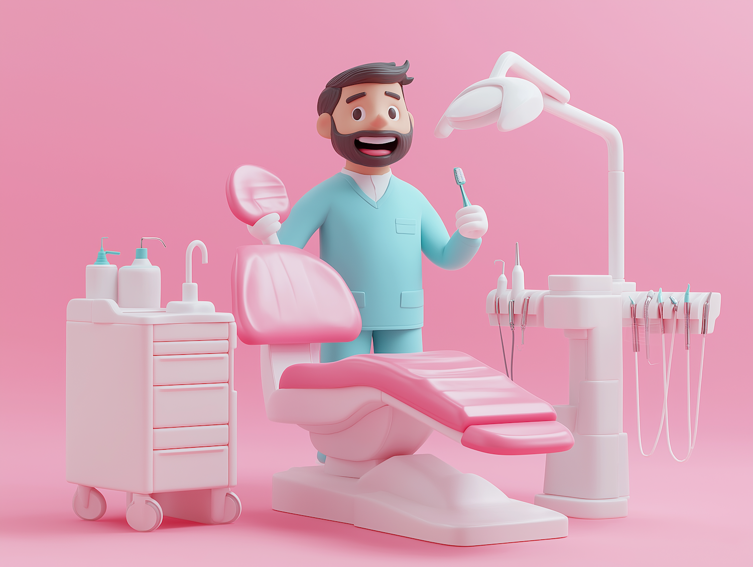 Stylized Cartoon Dentist in Pink Dental Office