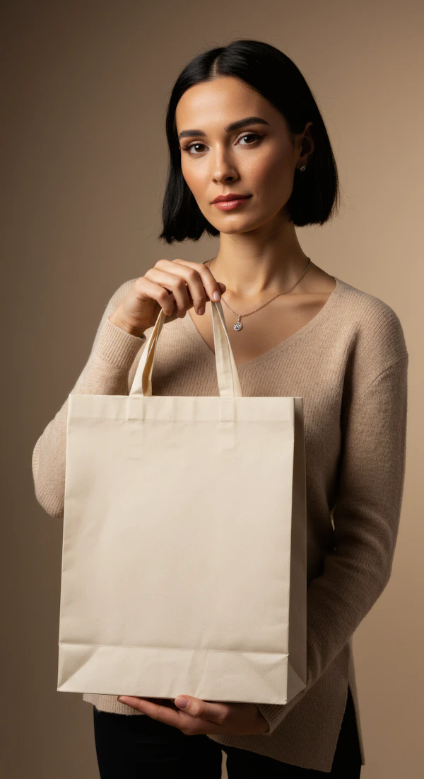Woman with Beige Sweater and Shopping Bag