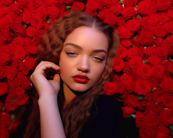 Contemplative Beauty Amidst Crimson Roses