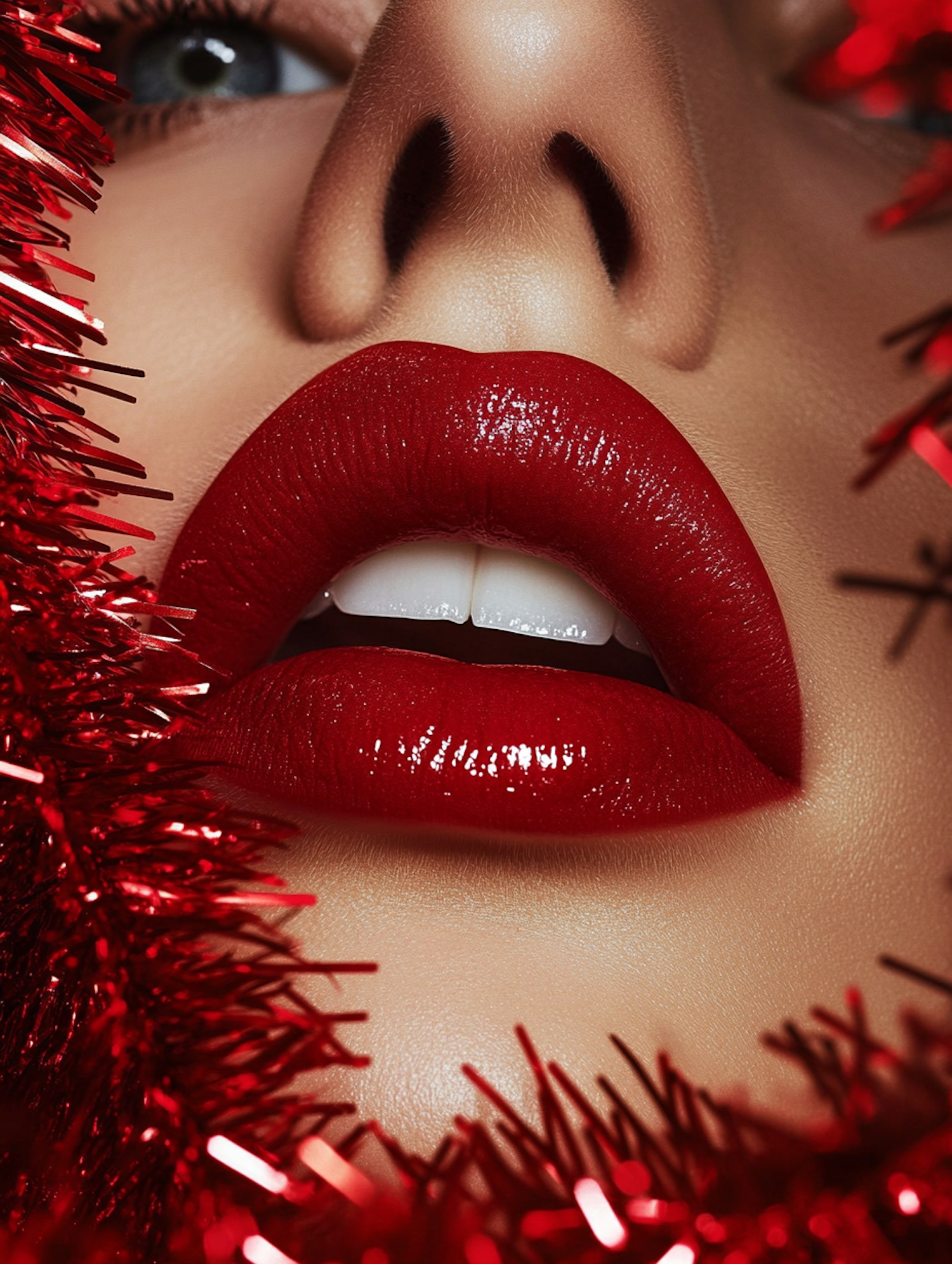 Close-up of Glossy Red Lips with Tinsel