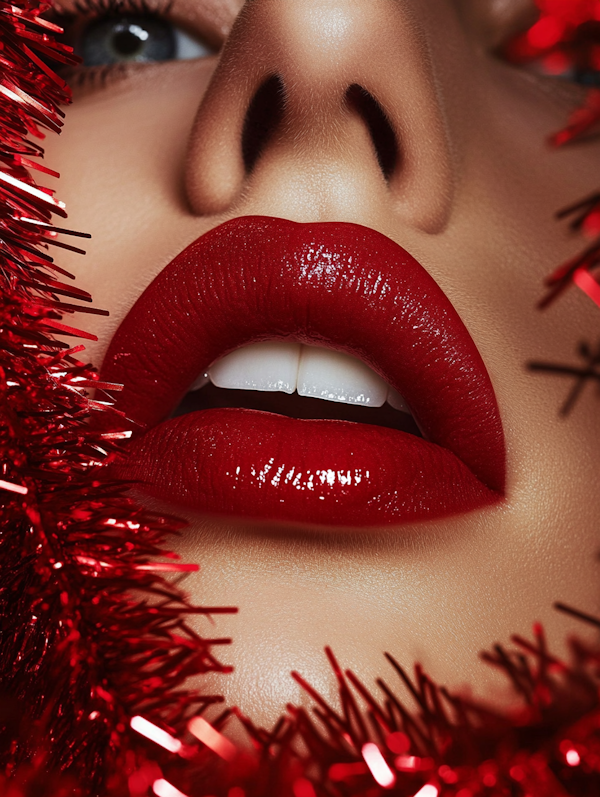 Close-up of Glossy Red Lips with Tinsel