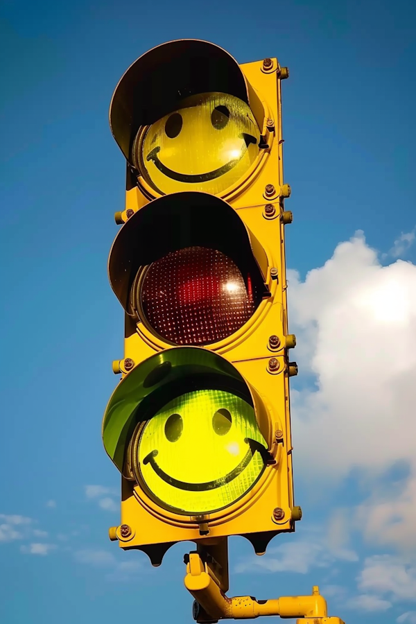 Whimsical Traffic Signal with Smiley Faces