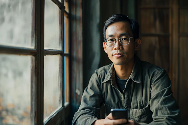 Contemplative Asian Man with Smartphone by the Window