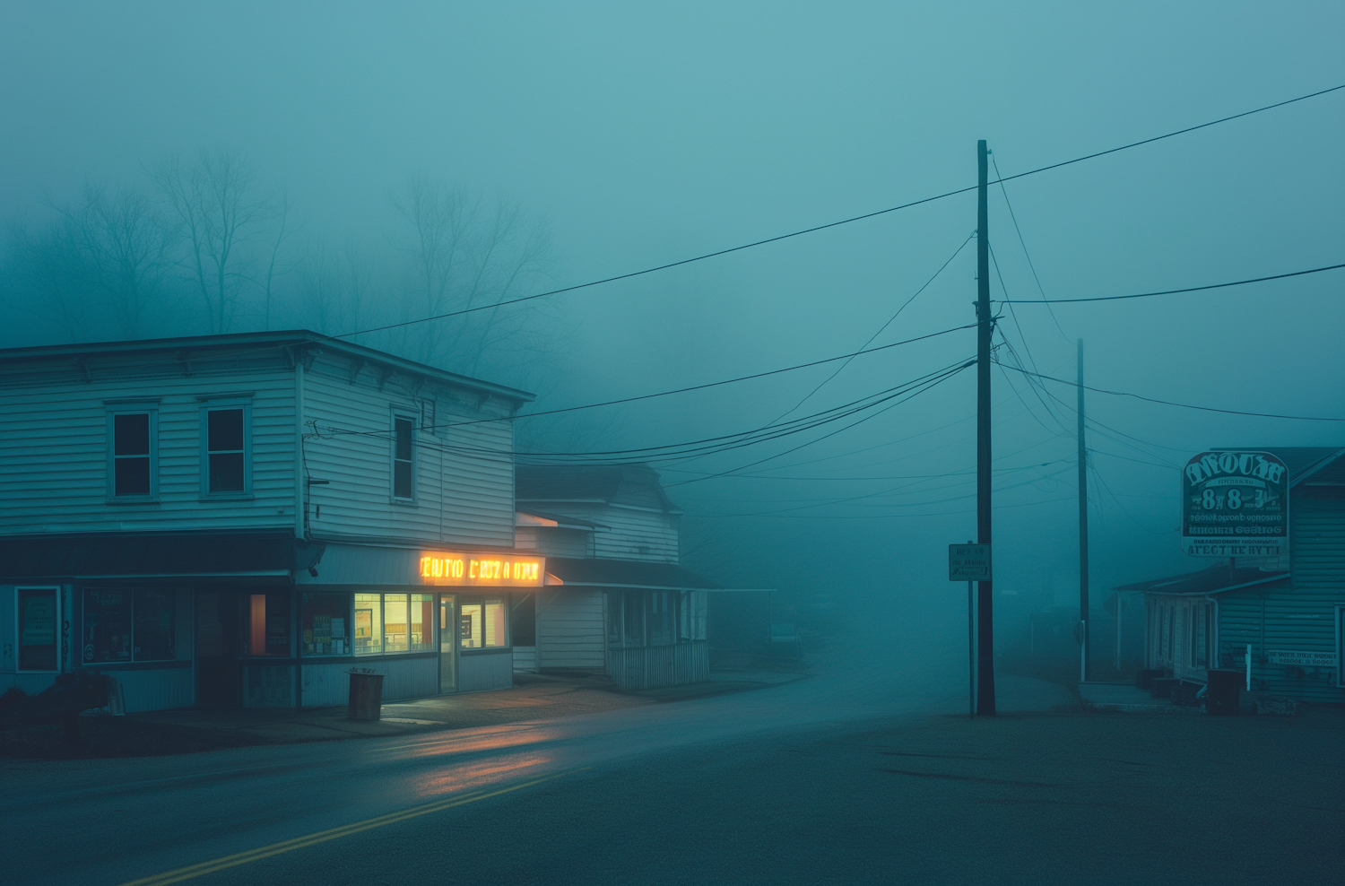 Foggy Townscape with Neon Cafe Sign