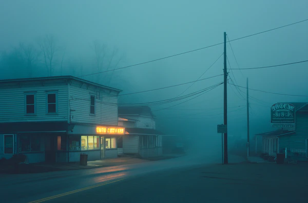 Foggy Townscape with Neon Cafe Sign