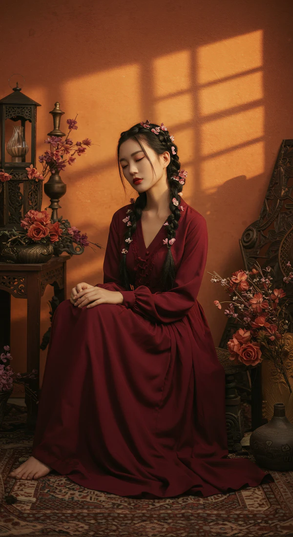 Elegant Woman in Burgundy Dress