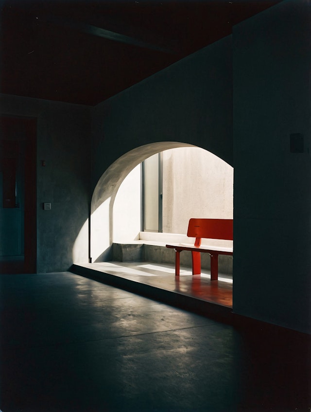 Minimalist Interior with Red Bench