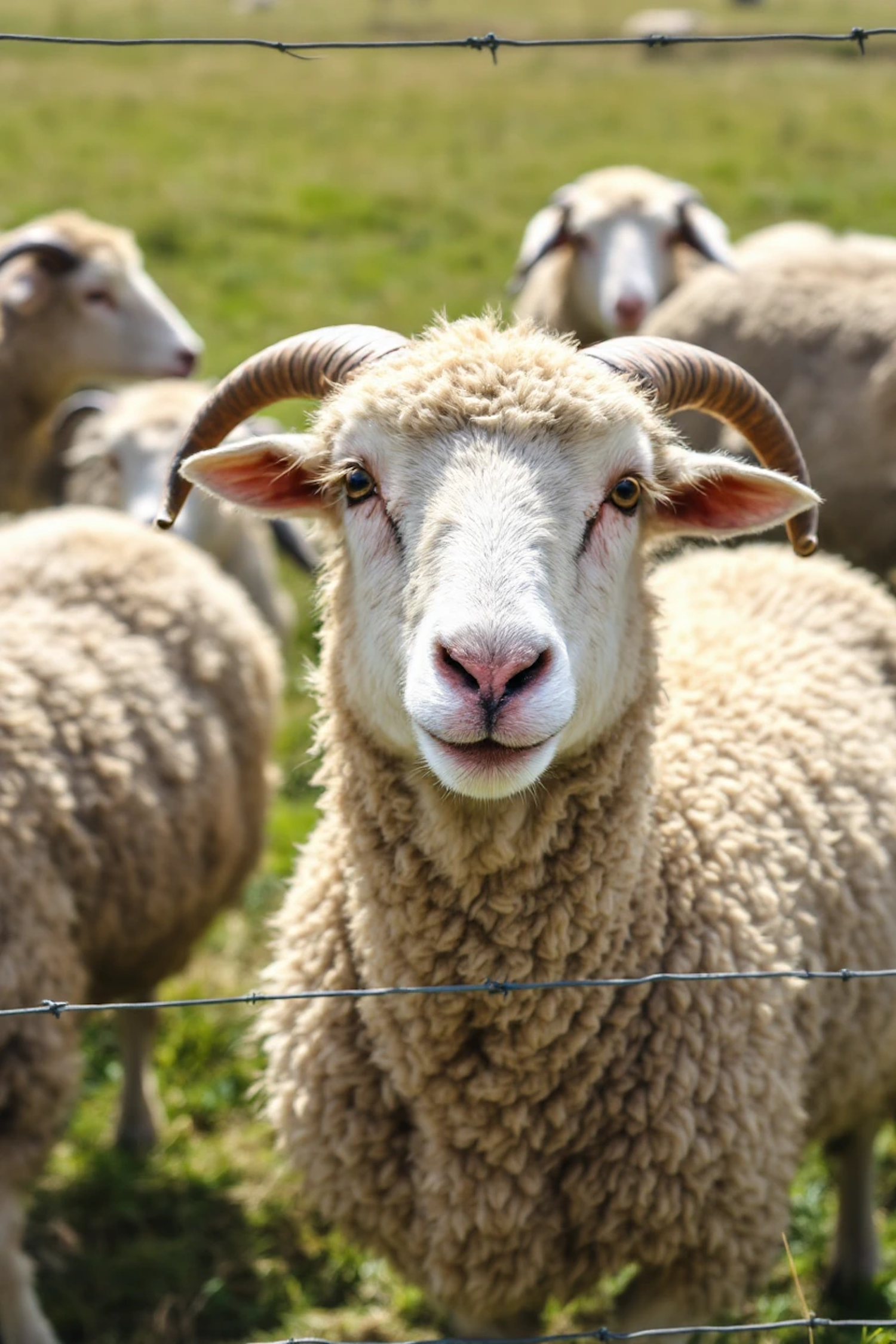 Close-up of Sheep Behind Fence