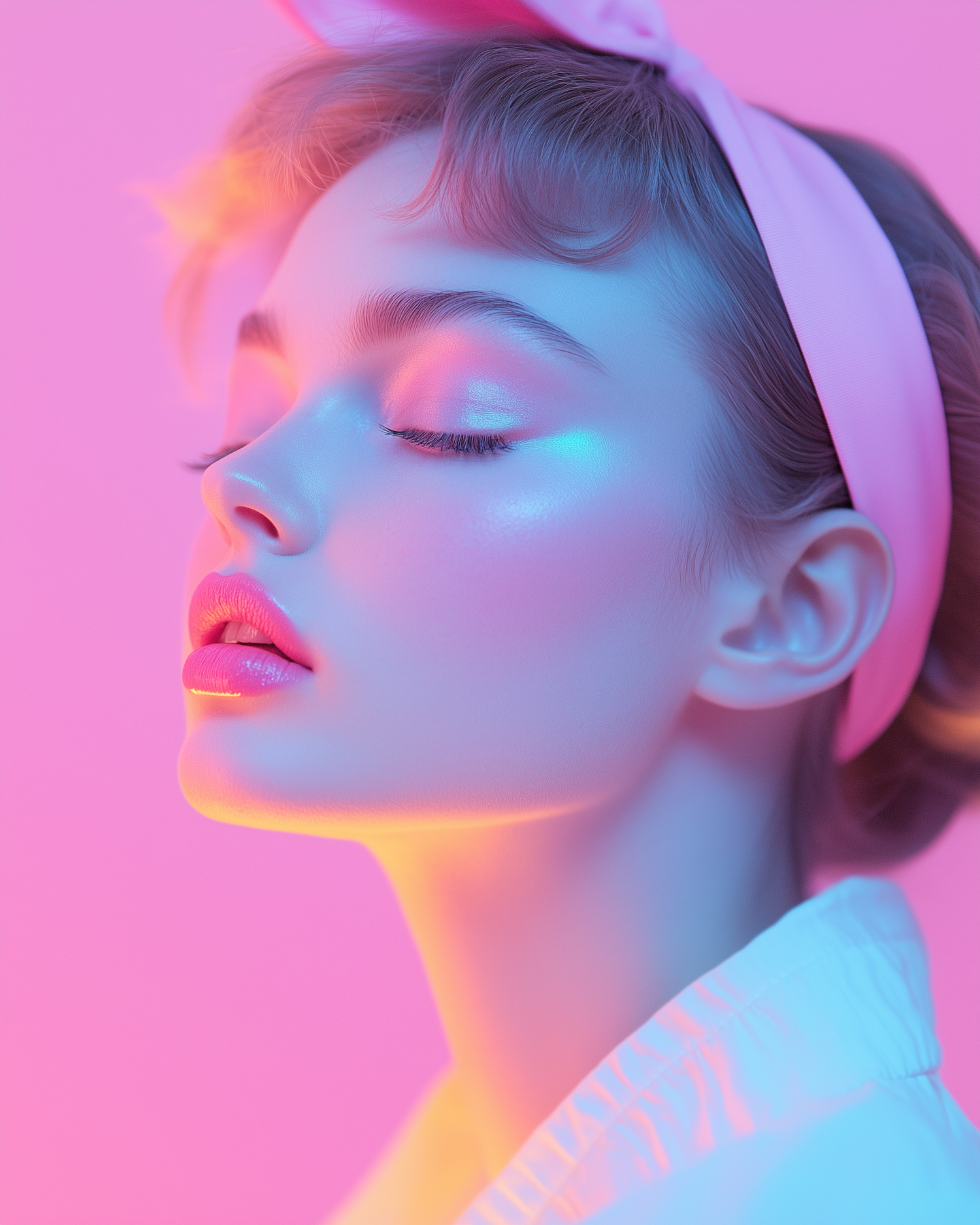 Serene Portrait with Pink and Blue Lighting