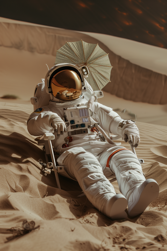 Reclining Astronaut with Sun Umbrella on Sandy Terrain