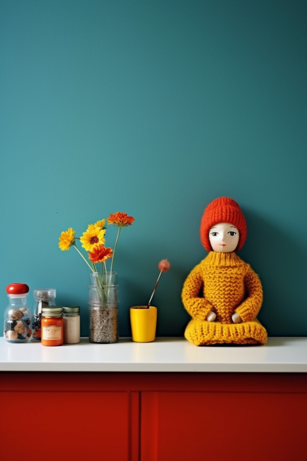 Serene Knitted Doll in Mustard Turtleneck with Teal Blue Backdrop