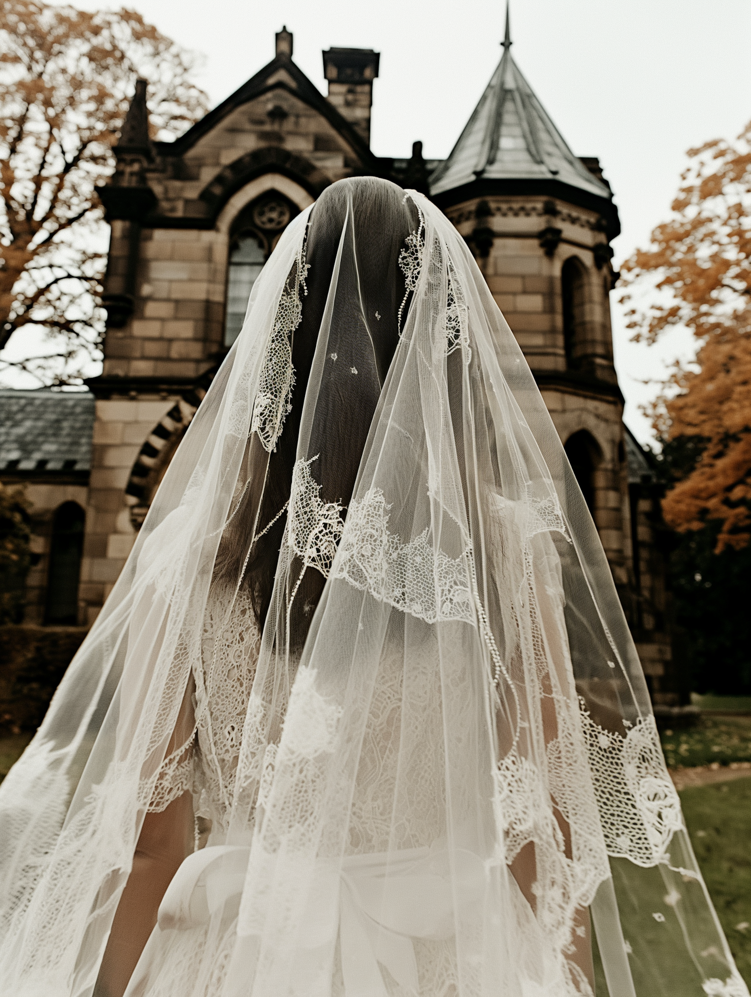 Bride in Lace Veil at Gothic Building