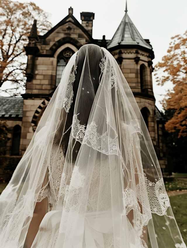 Bride in Lace Veil at Gothic Building