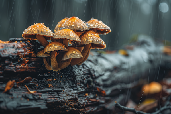 Rain-kissed Golden-brown Mushrooms on Log