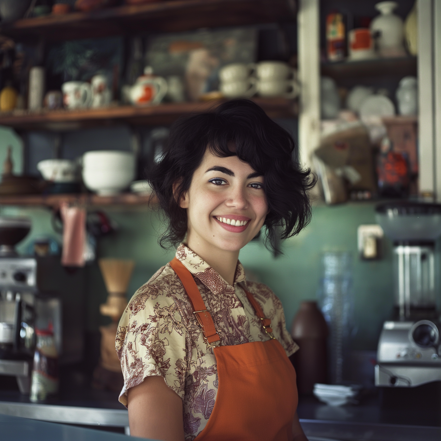 Woman Smiling in Cozy Cafe