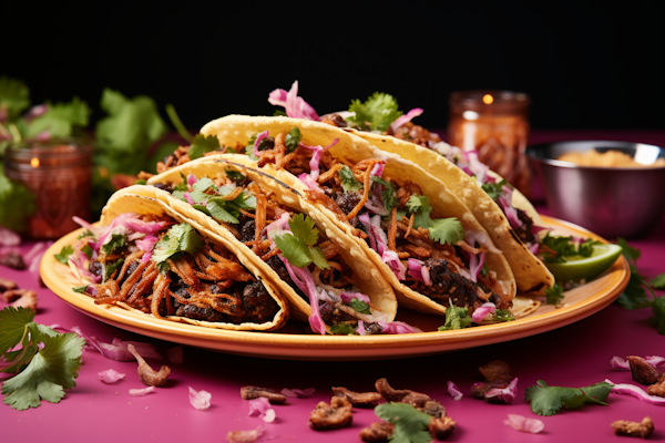 Vibrant Platter of Crispy Tacos with Pink Onions and Cilantro