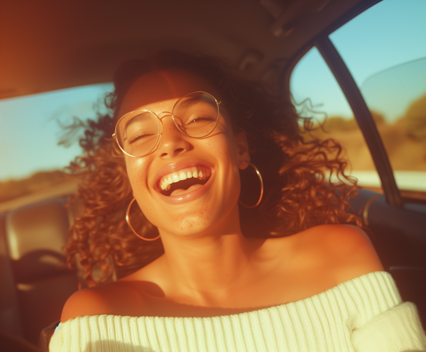 Joyful Woman Enjoying a Car Ride at Sunset