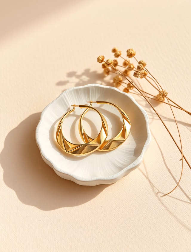 Gold Hoop Earrings on Ceramic Dish