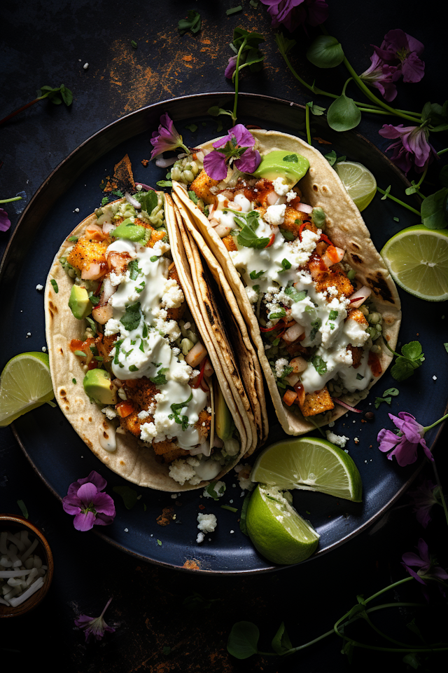 Gourmet Crispy Protein Tacos with Avocado and Edible Flower Garnish