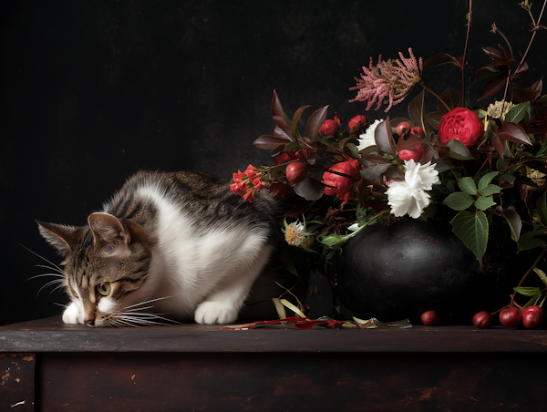 Curious Cat with Floral Arrangement