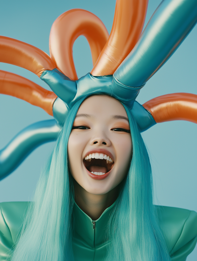 Vibrant Turquoise Hair with Inflatable Headpiece