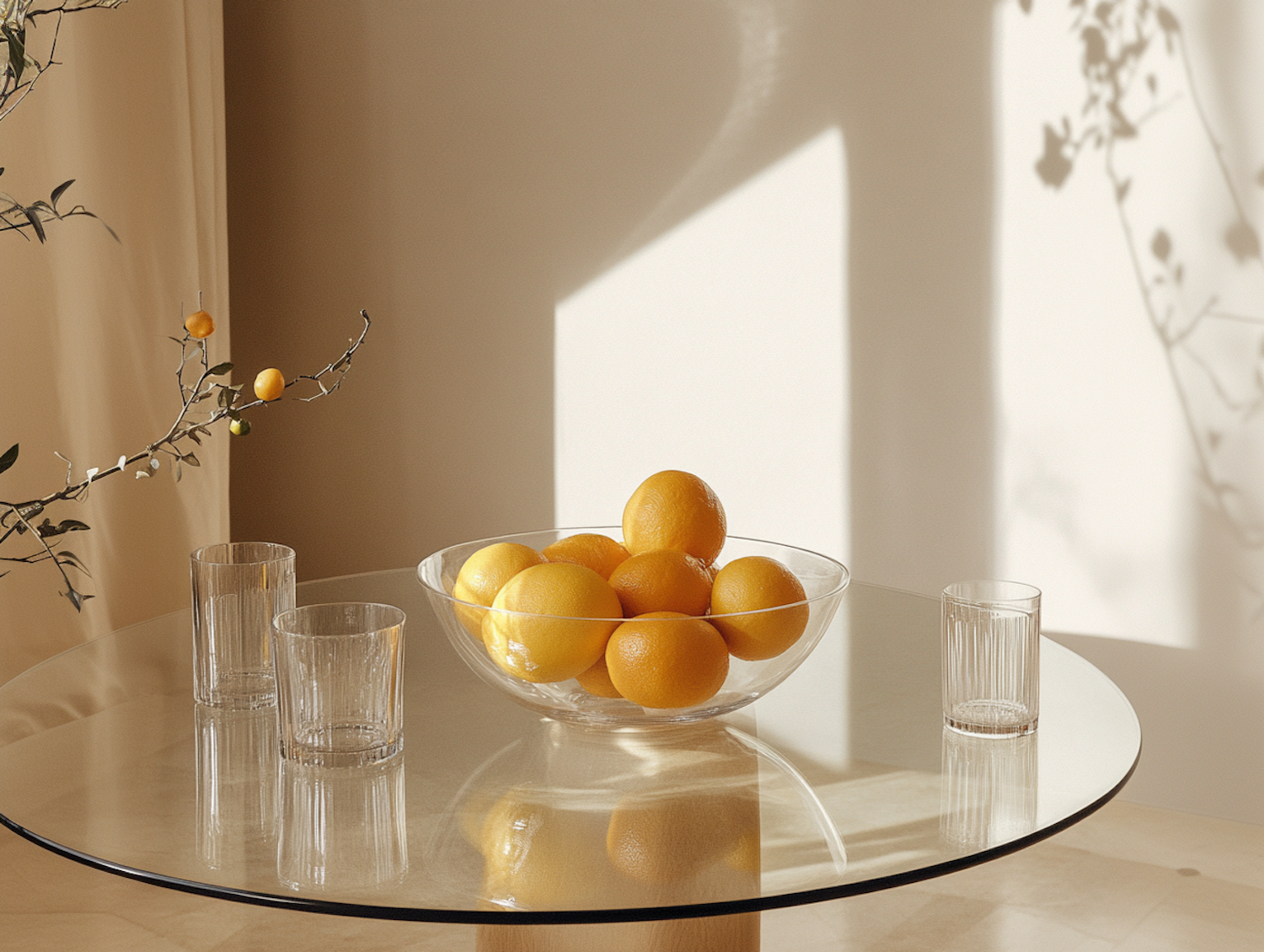 Glass Bowl with Oranges on Glass Table