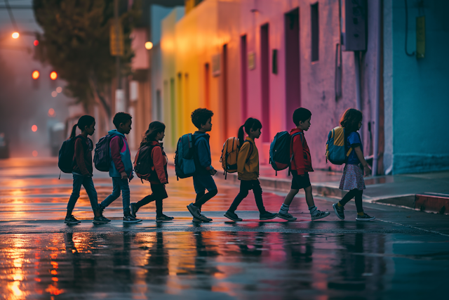 Vibrant Backpack Parade on Rain-Kissed Street