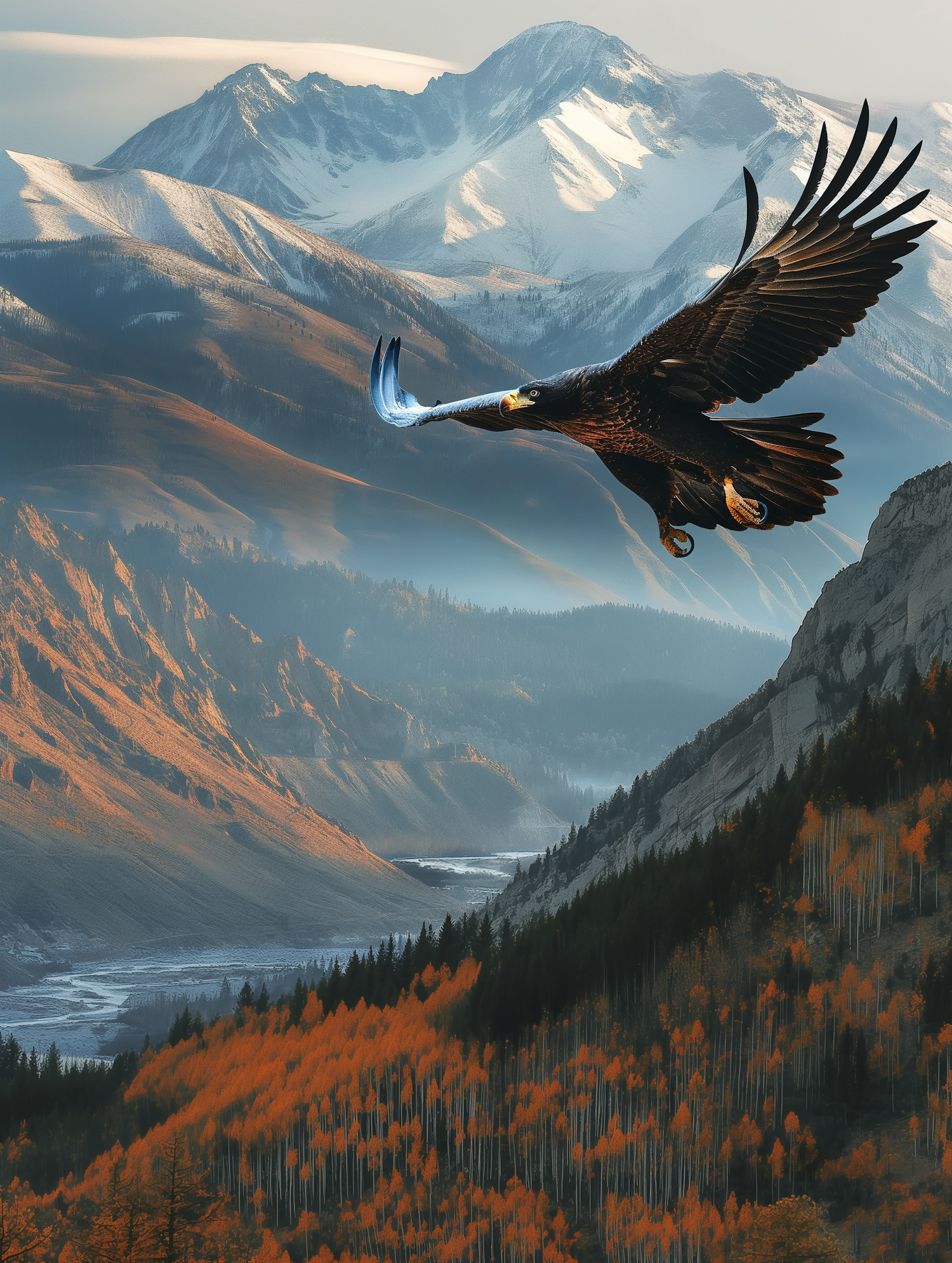 Bald Eagle in Flight over Mountainous Landscape