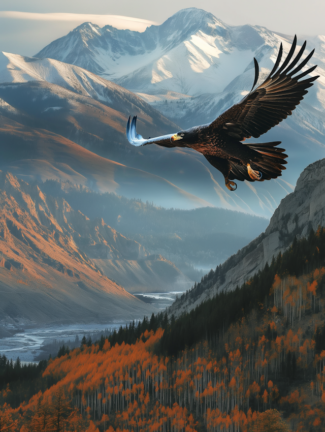 Bald Eagle in Flight over Mountainous Landscape