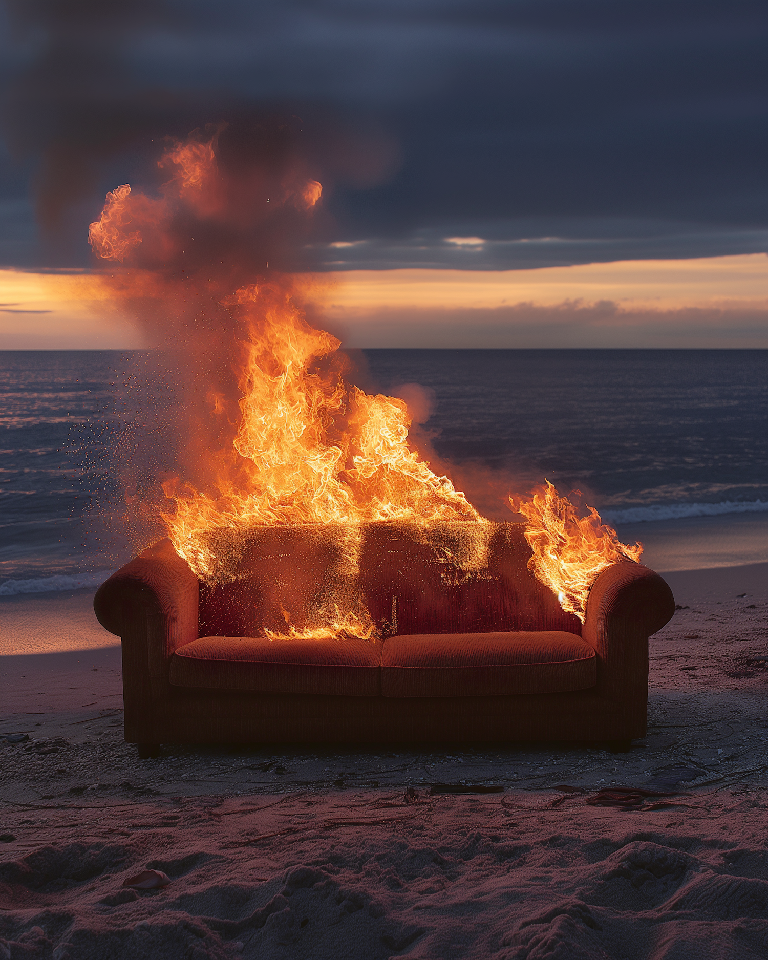 Burning Sofa on the Beach at Twilight