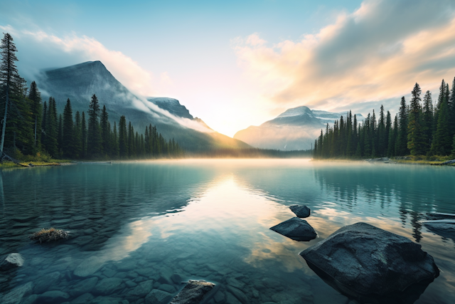 Misty Mountain Sunrise by the Lake