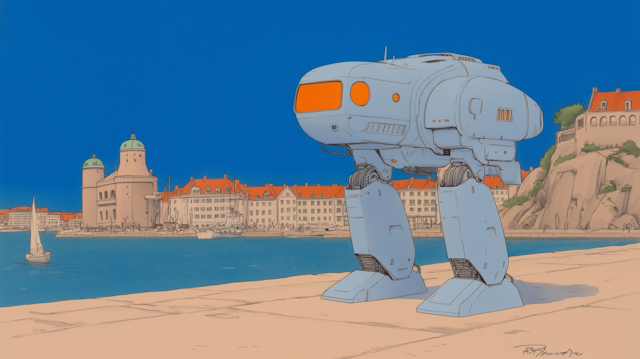 Futuristic Robot on Waterfront