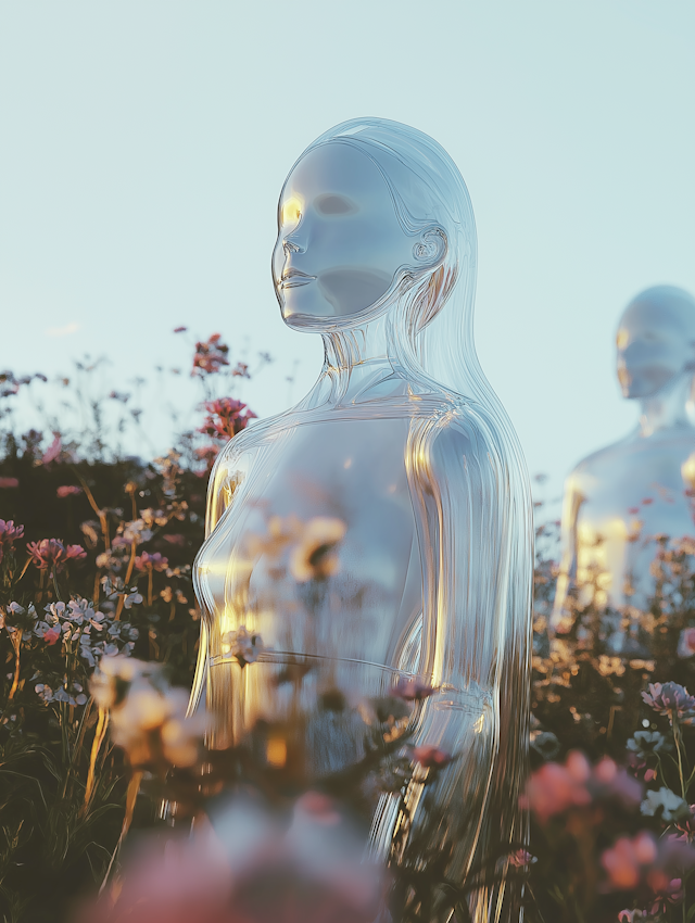 Ethereal Glass Figures in Floral Field