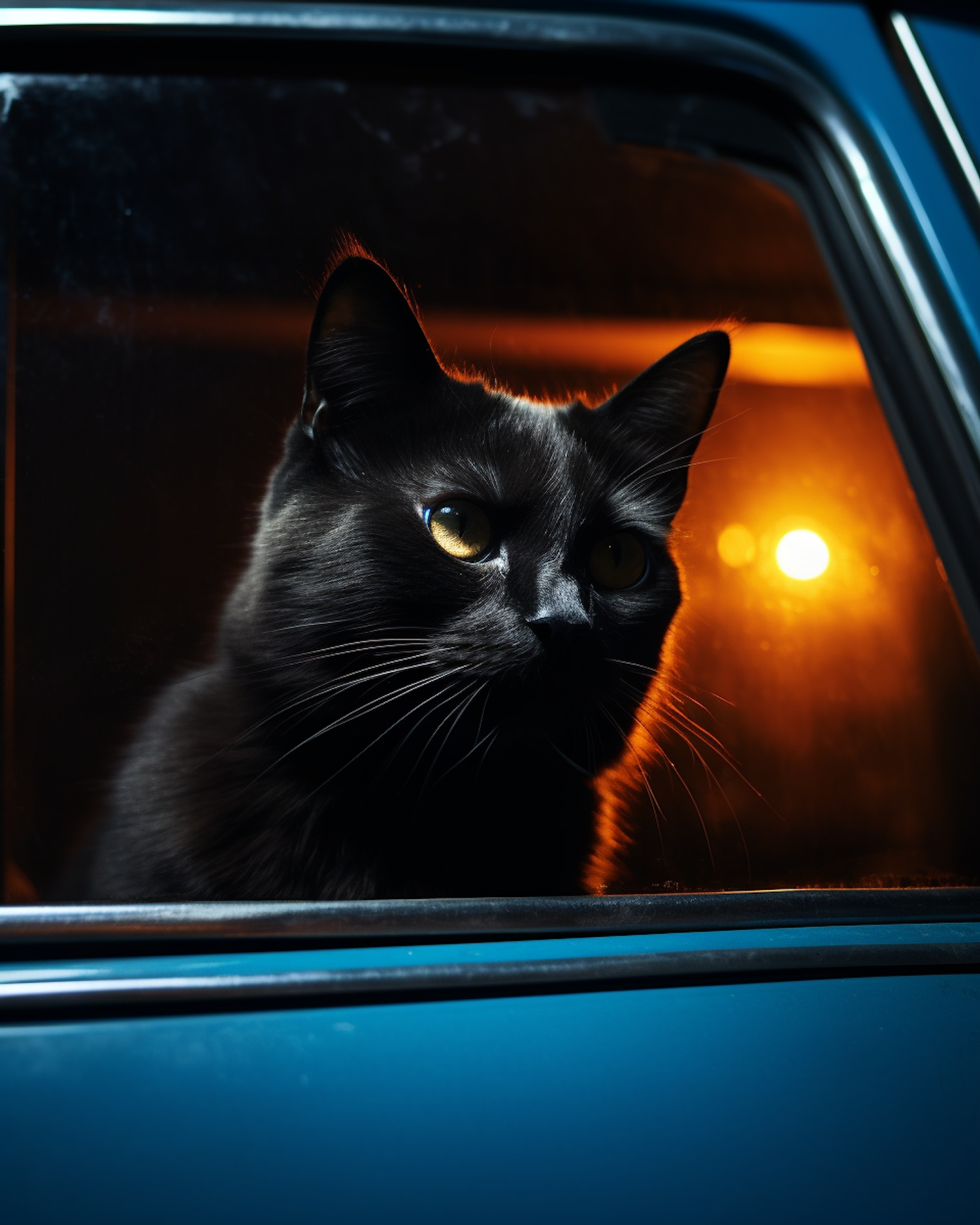 Mystic Glow: The Enigmatic Black Cat in a Blue Vehicle