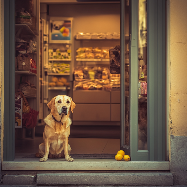 Golden Retriever at Shop Entrance