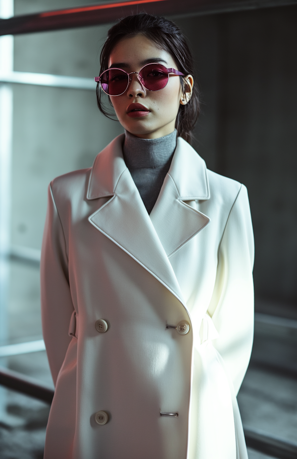 Elegant East Asian Fashionista in Chic Cream Coat and Pink Sunglasses