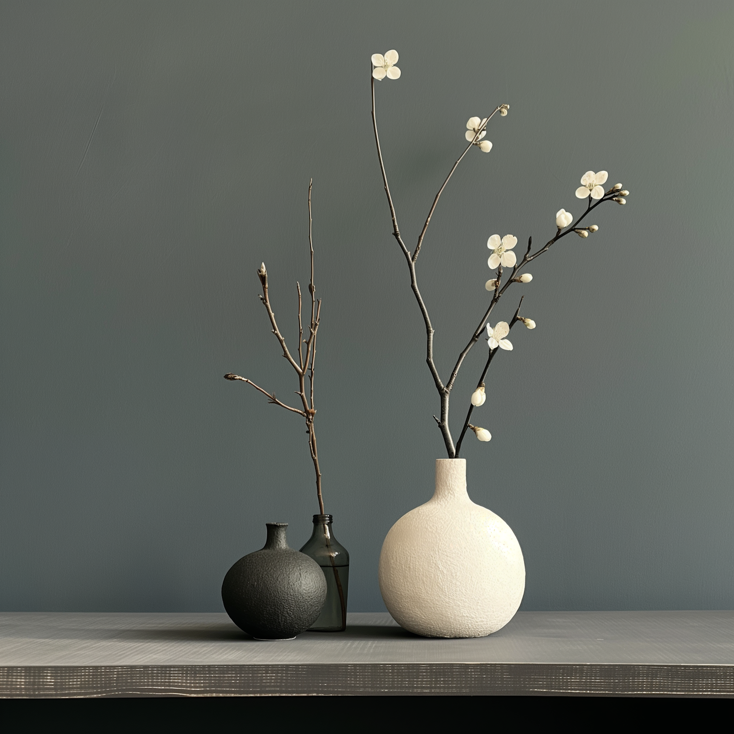 Serene Still Life with Textured Vases and Delicate Flowers